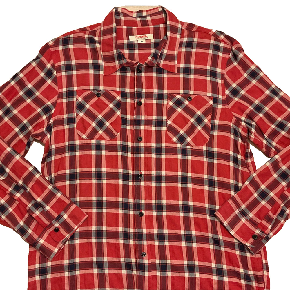 Birdwell Beach Britches Mens Red Flannel Shirt XL 90s Grunge Rock Punk Plaid USA